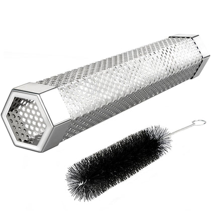 LFSEMINI pellet smoker tube 12in on grill delivering steady, flavorful smoke.