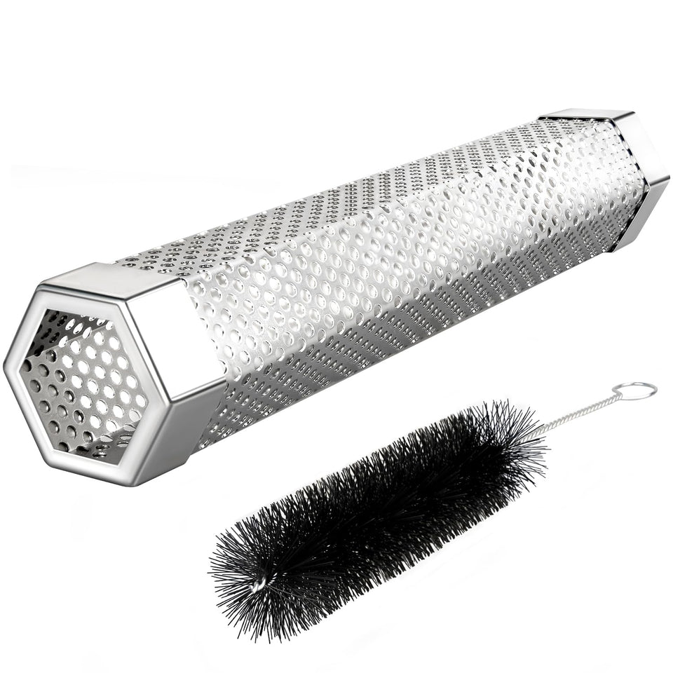 LFSEMINI pellet smoker tube 12in on grill delivering steady, flavorful smoke.