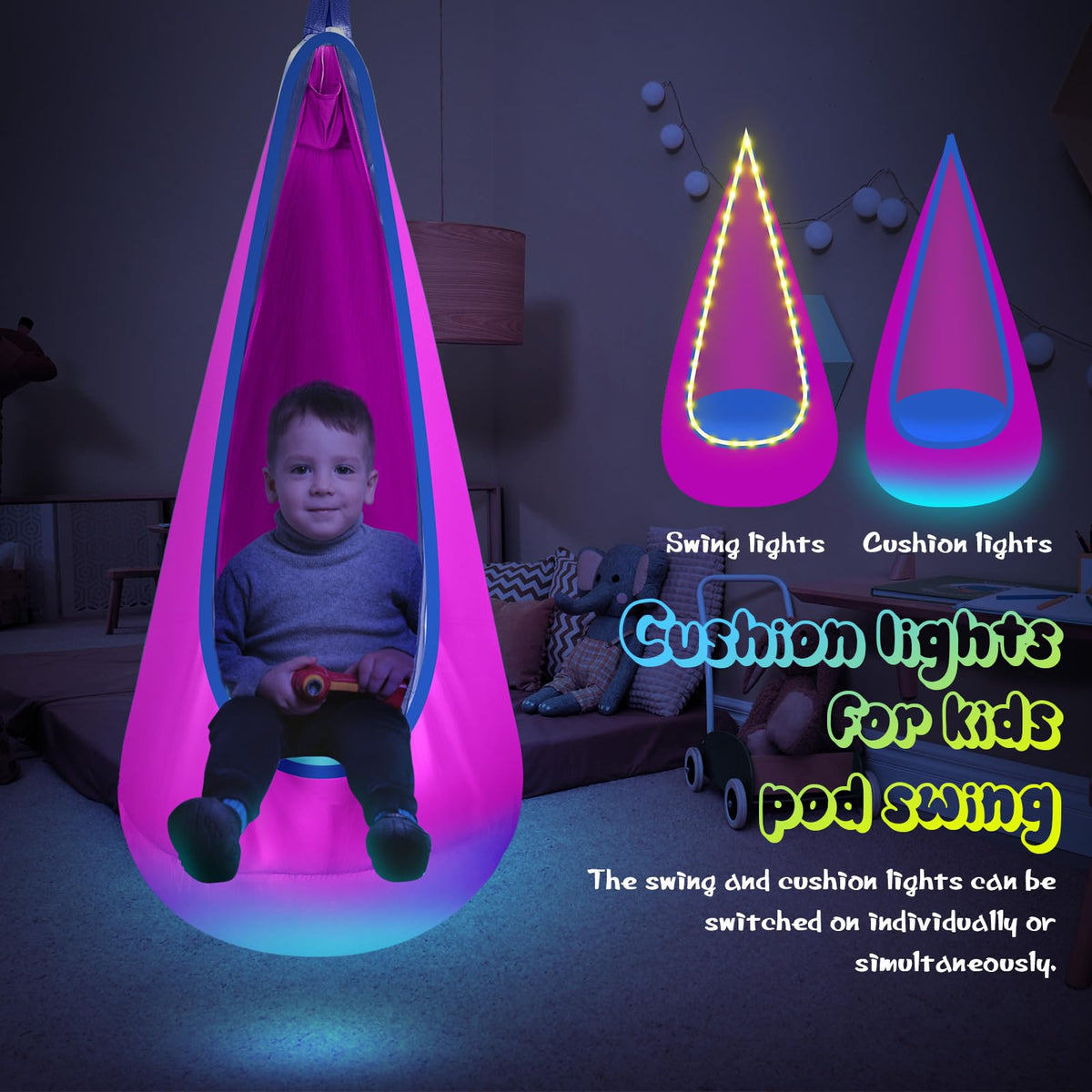 LFSMVT pod swing with built-in side pocket for toy storage