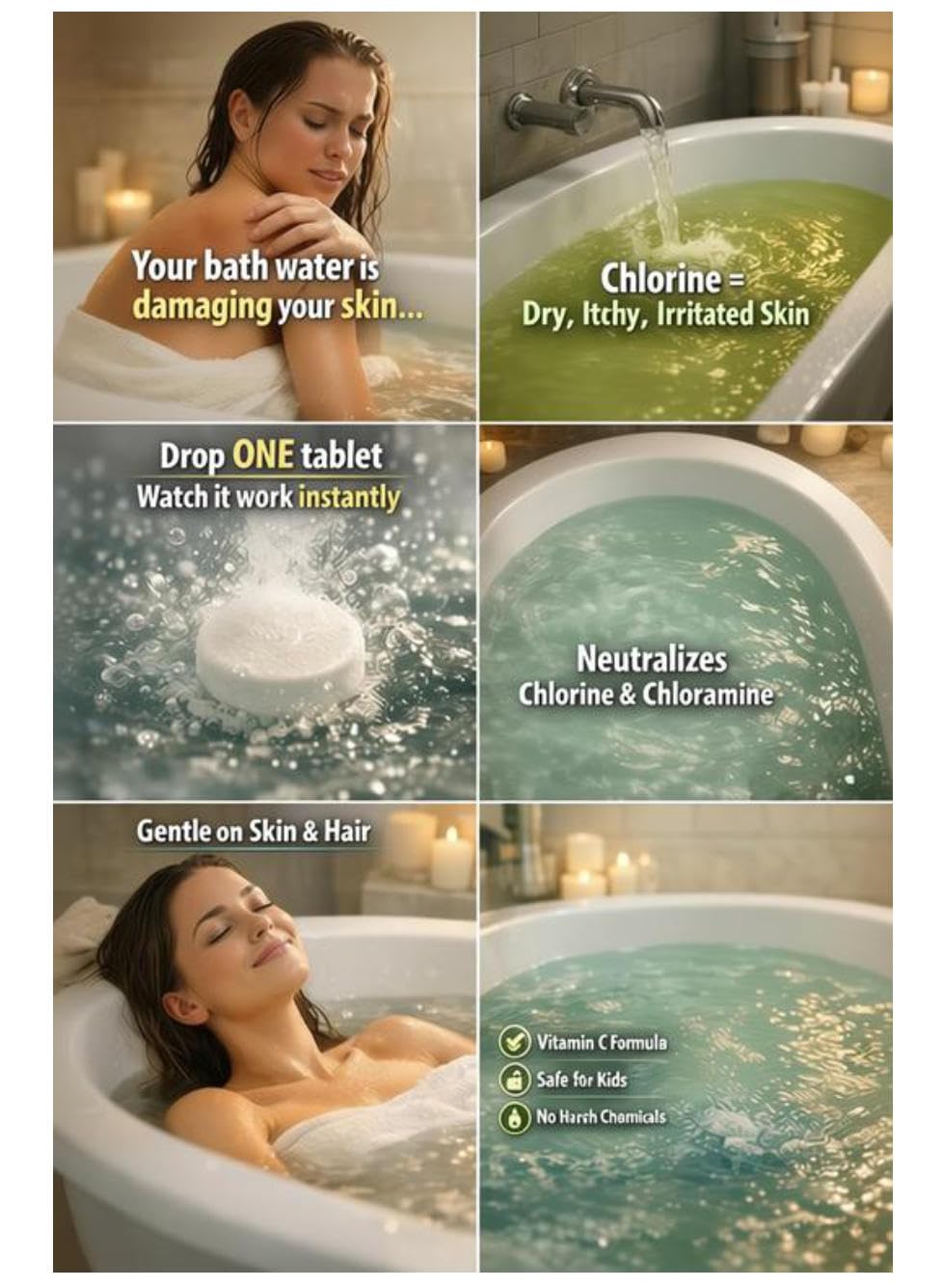 LFSYS Vitamin C tablet dissolving in water, reducing chlorine presence.