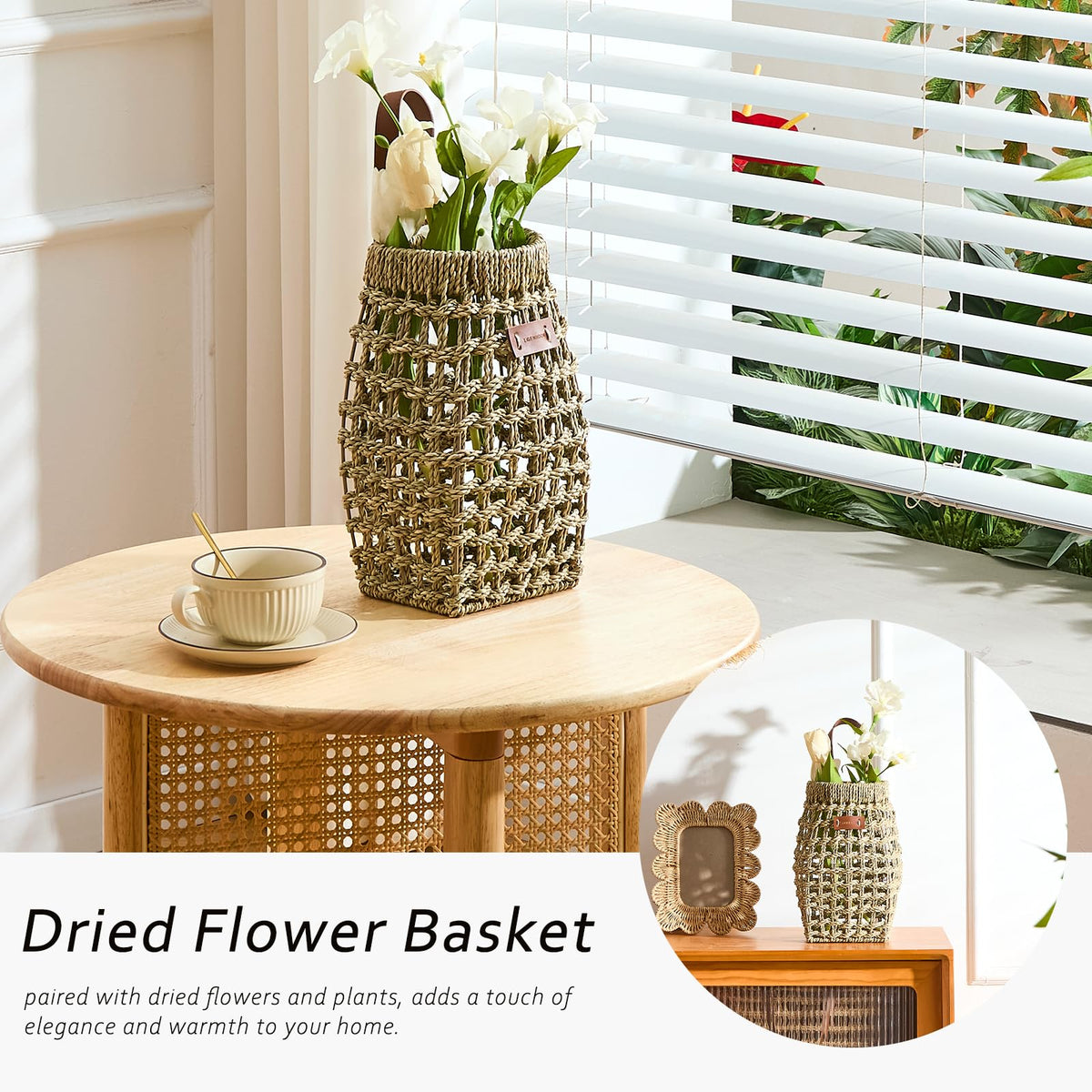LGENHOOM boho style basket adds natural texture to living room shelves.