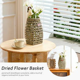 LGENHOOM boho style basket adds natural texture to living room shelves.