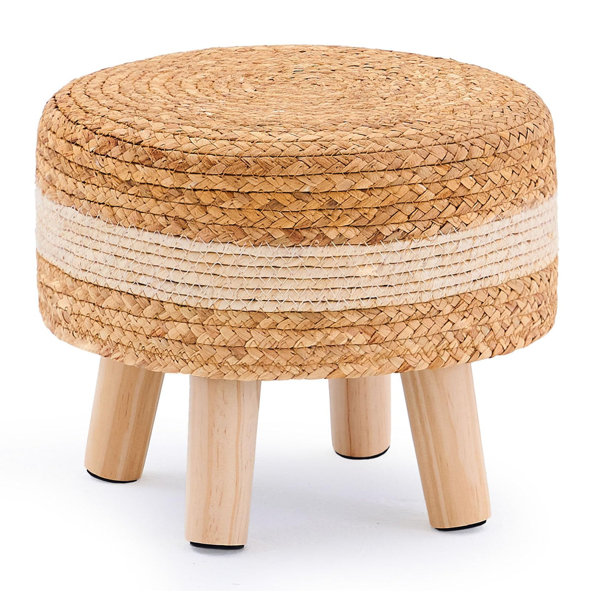 LGENHOOM handwoven round ottoman close-up of natural water hyacinth weave for cozy seating