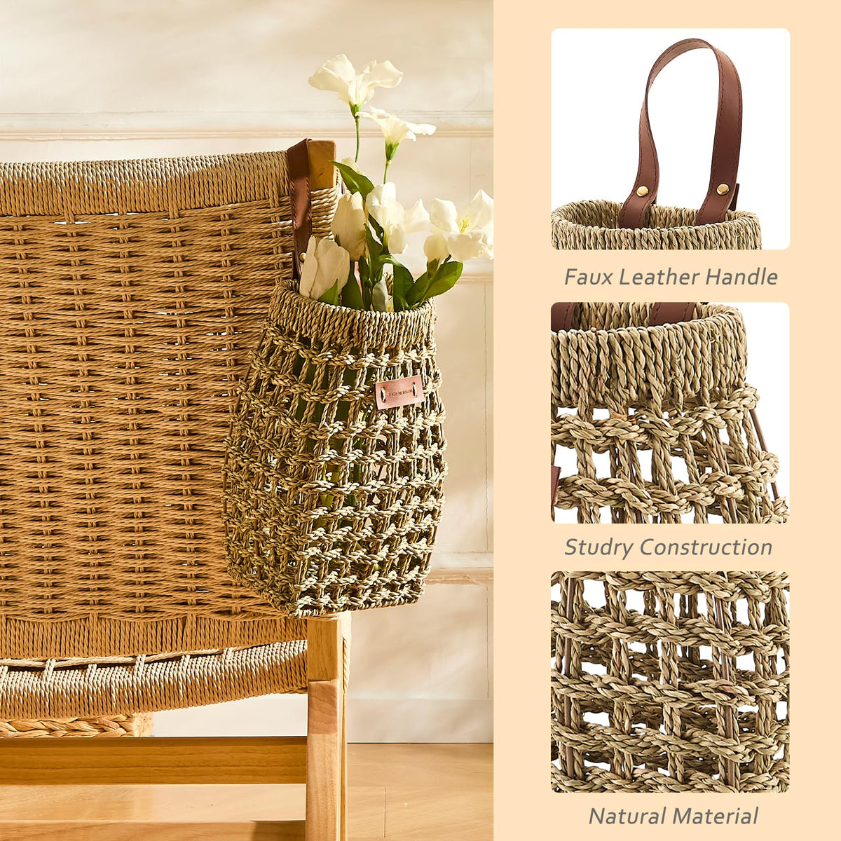 LGENHOOM wall hanging storage basket mounted with iron frame for sturdy organization.