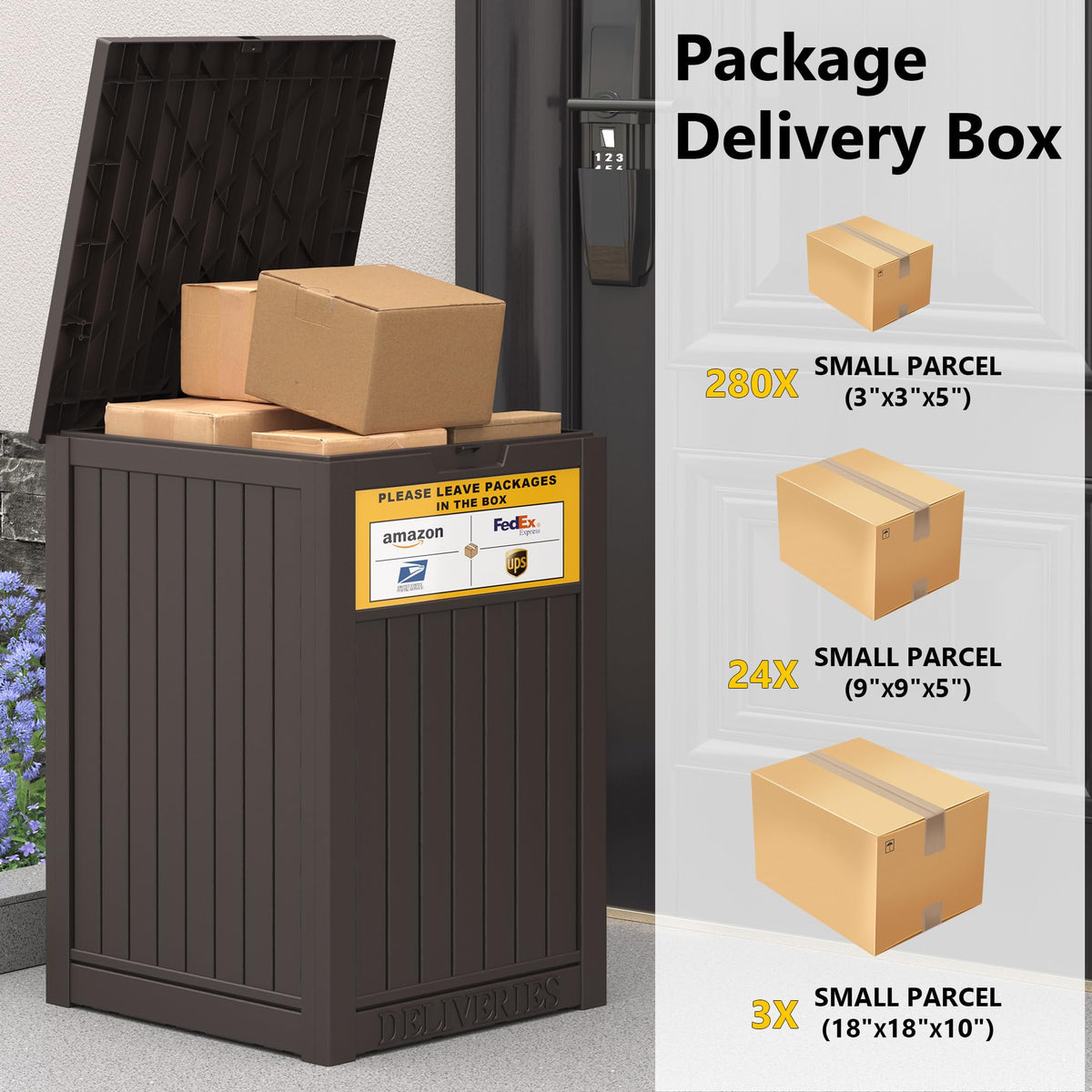 LHBGO 48-gallon capacity for parcels and tools in outdoor storage.