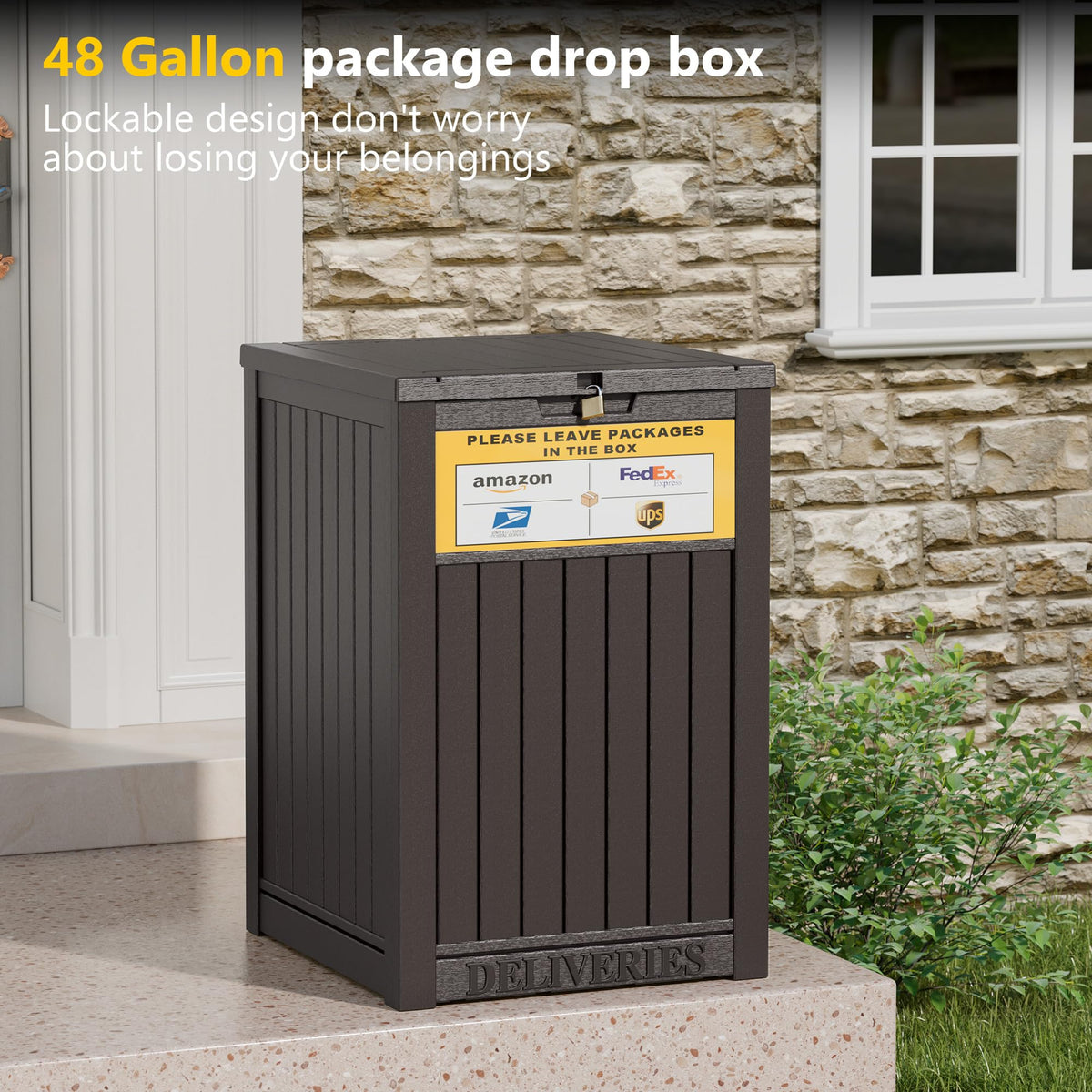 LHBGO package delivery box lockable lid for added security.