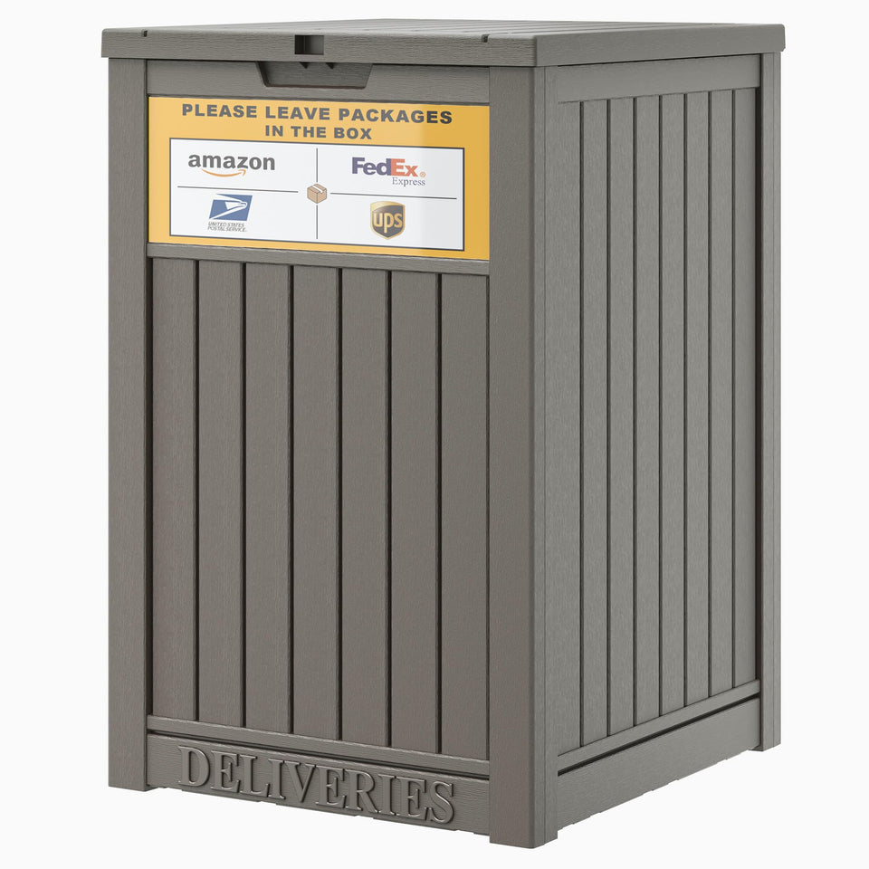 LHBGO package delivery box outside with sign visible, aiding courier visibility.