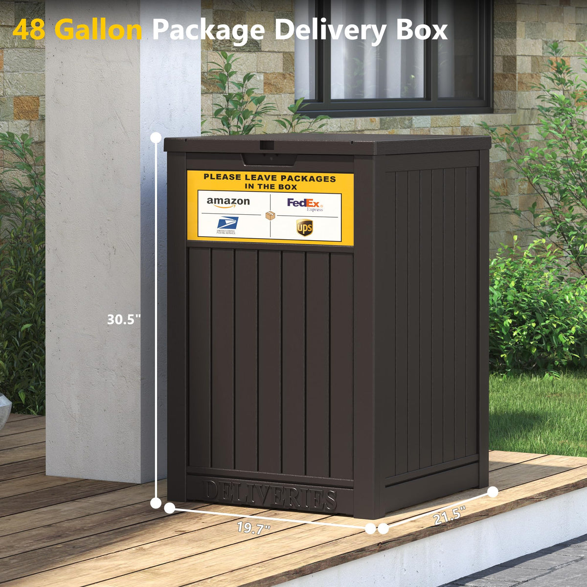 LHBGO package delivery box with visible sign guiding drivers to the box.