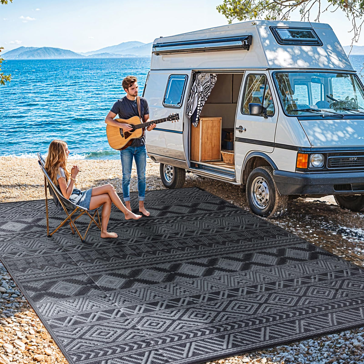 RV camping setup featuring LIANLAM rug with corner stakes