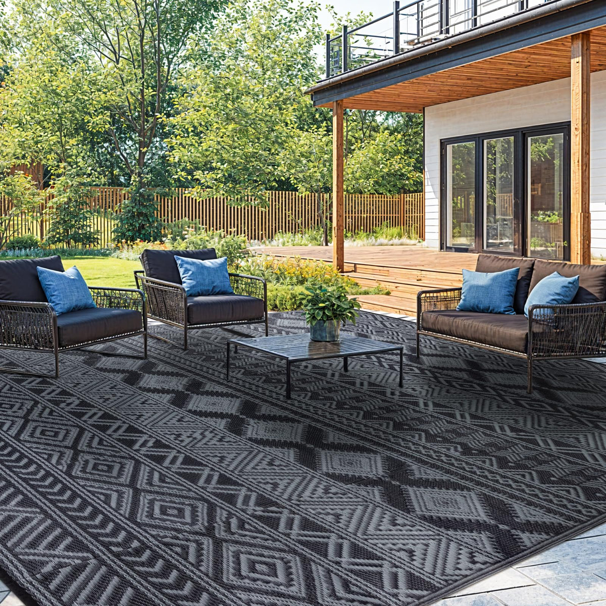LIANLAM 8x10 waterproof outdoor rug on patio, durable and weather resistant