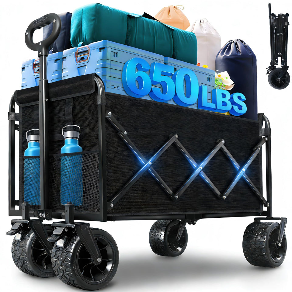 LIAPOTT collapsible wagon showing 300L capacity for groceries and gear