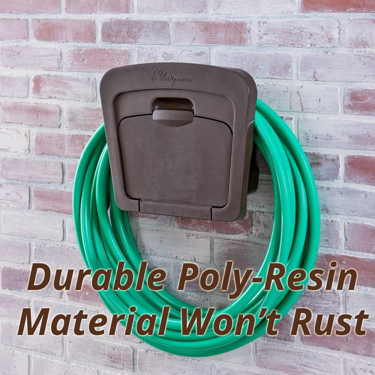 Liberty Basics 501 hose hanger holds up to 125 ft of 5/8 in hose.