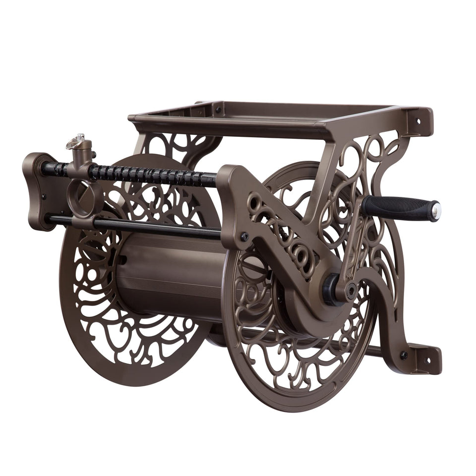 Liberty Garden 707 hose reel with bronze finish and guide for smooth unwinding.