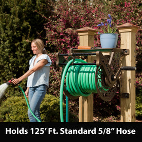 Liberty Garden 707 shelf supports tools and nozzles for quick garden access.