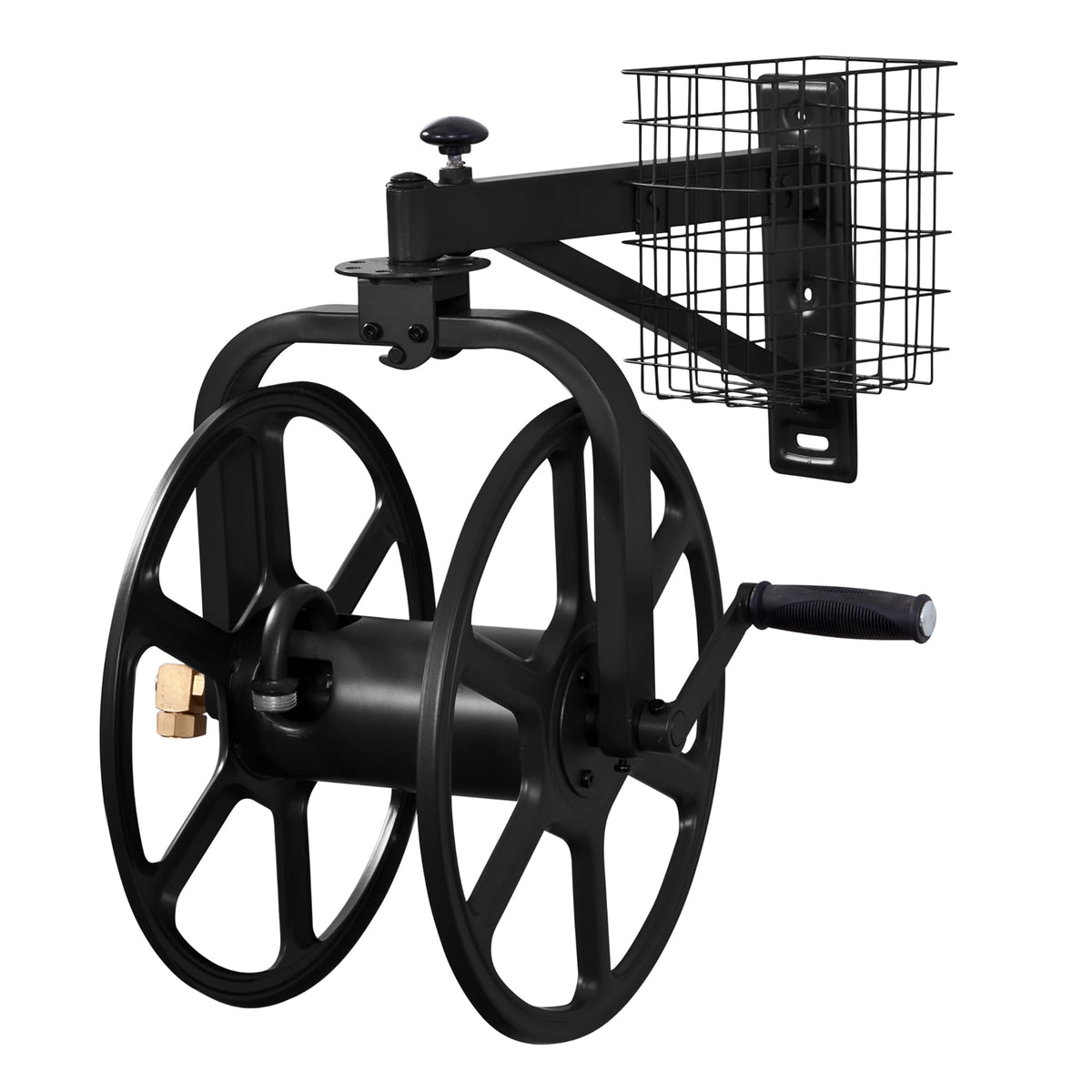 Liberty Garden 712-B wall-mount hose reel with rotating carriage for easy unwinding.