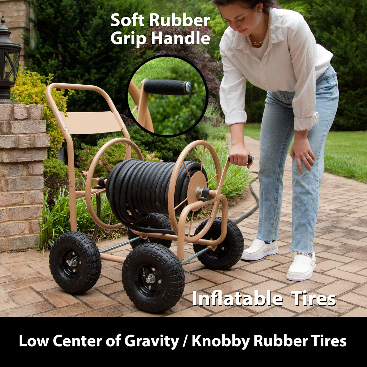 Liberty Garden cart brass and galvanized fixtures resist weather.