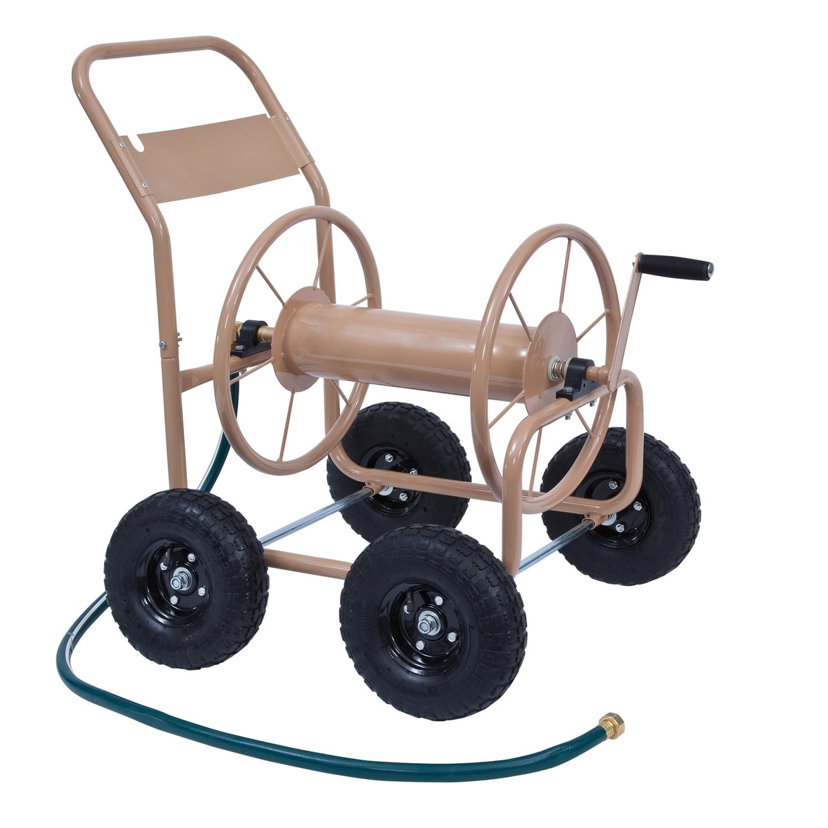 Liberty Garden industrial 4-wheel hose cart, front view, sturdy steel frame for easy yard use.
