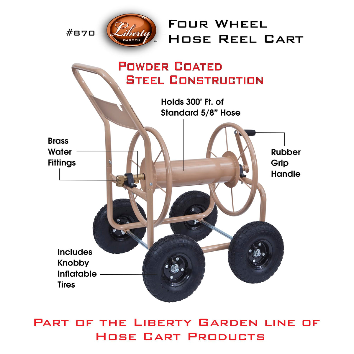 Liberty Garden hose cart side view showing wide base for stability on uneven ground.