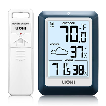 LICHI indoor-outdoor thermometer display shows real-time temperature and humidity for accurate home monitoring.