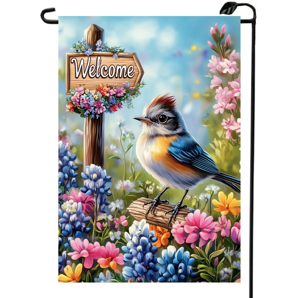 LienzoFest spring-summer flag with blue bird and floral print, enhances curb appeal