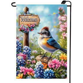 LienzoFest spring-summer flag with blue bird and floral print, enhances curb appeal