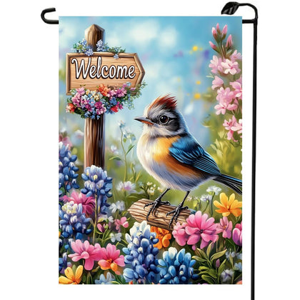 LienzoFest spring-summer flag with blue bird and floral print, enhances curb appeal