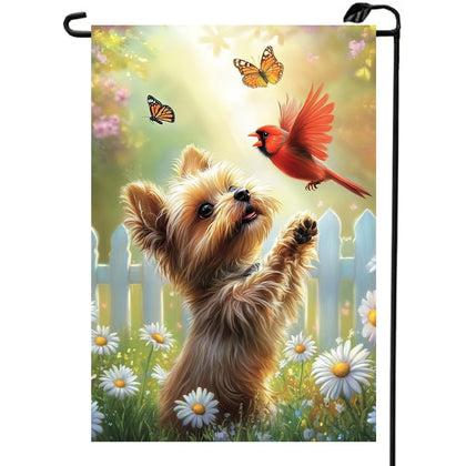 LienzoFest spring dog-cardinal flag 12x18 for outdoor yard display.