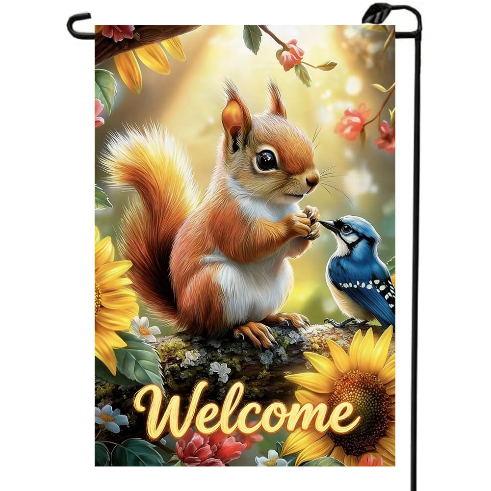LienzoFest Spring Summer Welcome Flag with a playful squirrel for outdoor curb appeal.