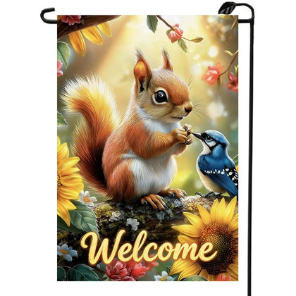 LienzoFest Spring Summer Welcome Flag with a playful squirrel for outdoor curb appeal.