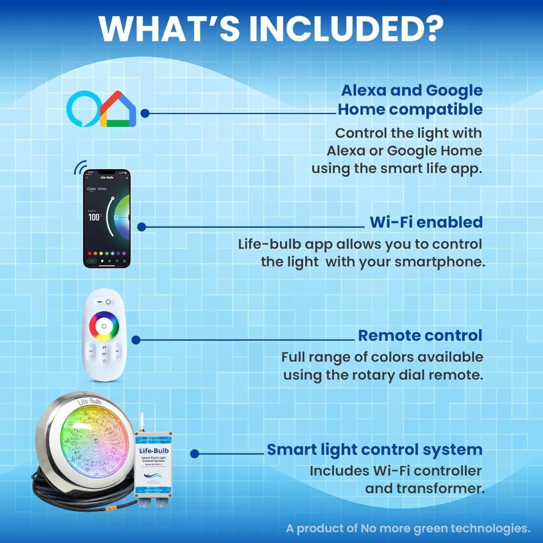 Life-Bulb Smart Pool Light offers 7 colors and 12 modes for ambiance.