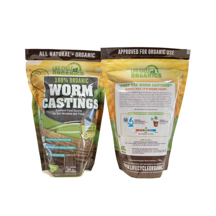 Life Cycle Organics worm castings bag displaying 20 oz packaging for soil enrichment
