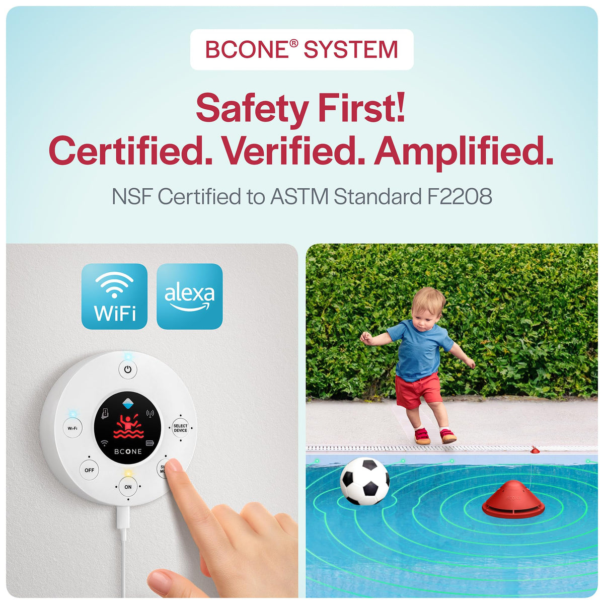 Lifebuoy BCONE alarm and home unit demonstrating loud, reliable pool alerts.