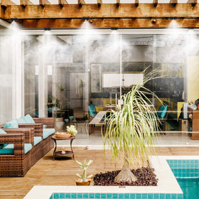 Lifeegrn energy water saving misting conserves water while cooling outdoor spaces