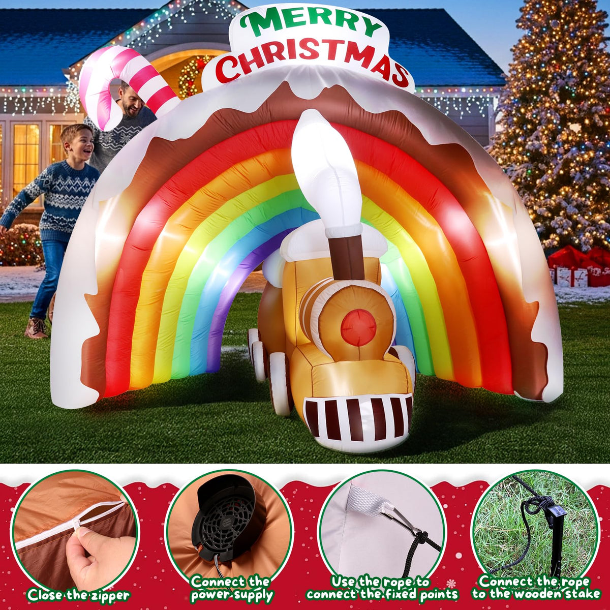 LifeIdeas easy-setup inflatable train with blower speeds up holiday decorating