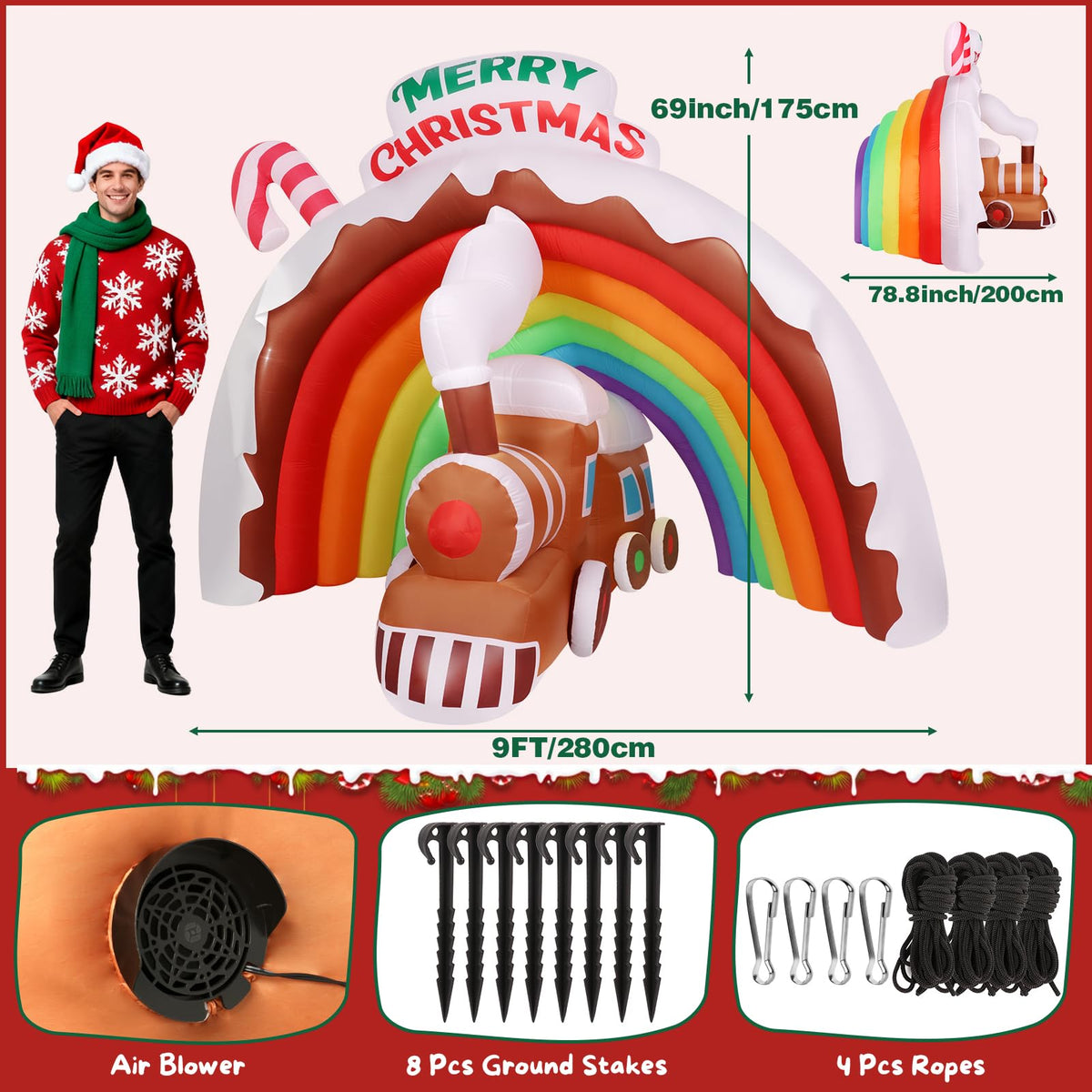 LifeIdeas inflatable Christmas train with archway tunnel and candy cane design adds festive curb appeal