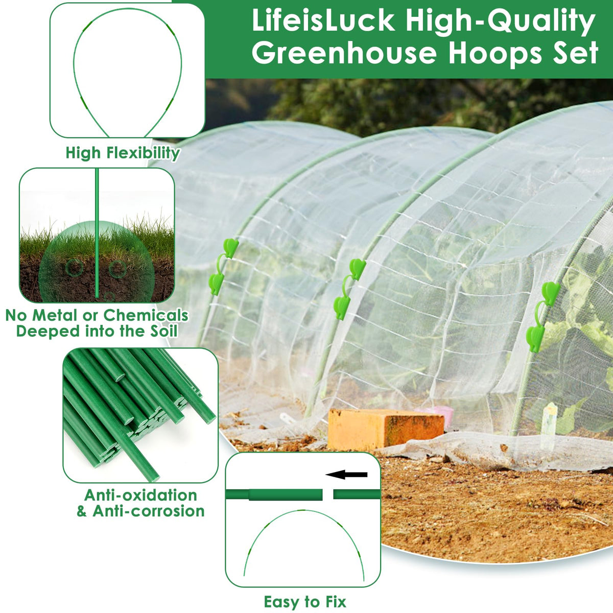LifeisLuck rust-free fiberglass hoops ready for year-round garden support