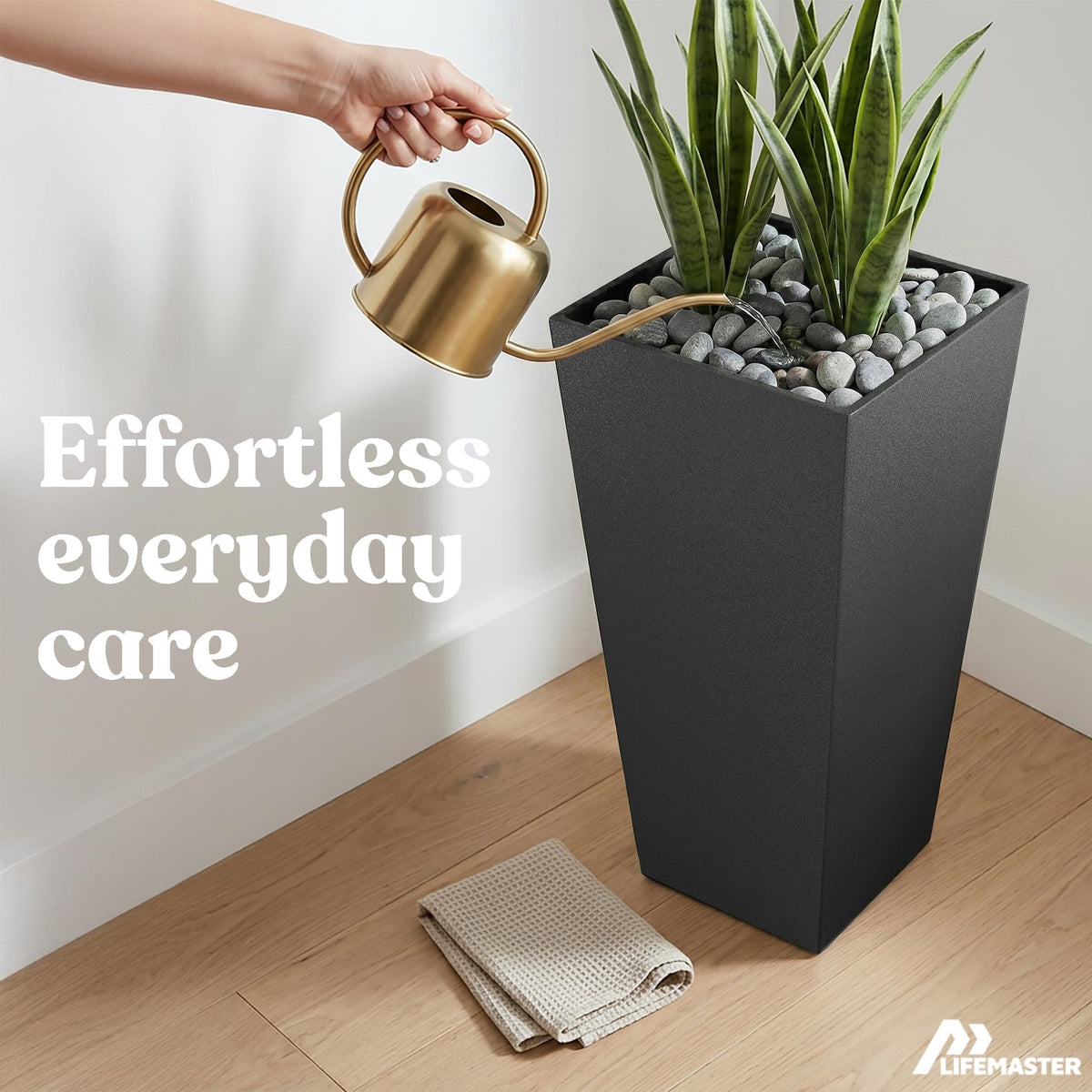 Lifemaster black modern planter complements contemporary exteriors
