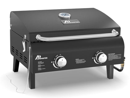 Lifemaster black portable gas grill with dual burners delivering even heat for searing.