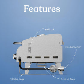 Lifemaster compact silver outdoor grill fits on any table or campsite.