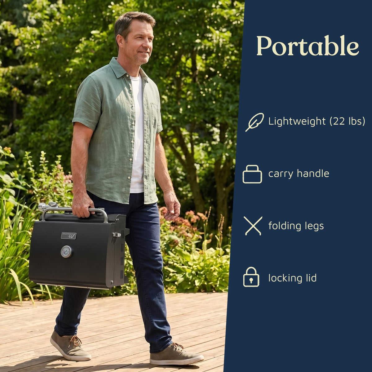 Lifemaster foldable legs enable quick setup and easy portabilidad.