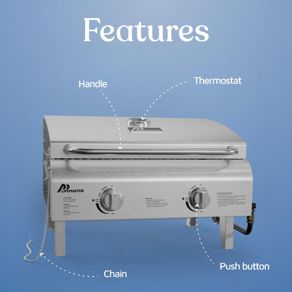 Lifemaster ideal for grilling burgers, chicken, and vegetables outdoors.