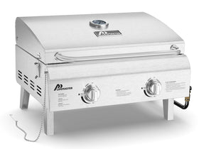 Lifemaster portable grill with built-in lid thermometer for precise heat control.