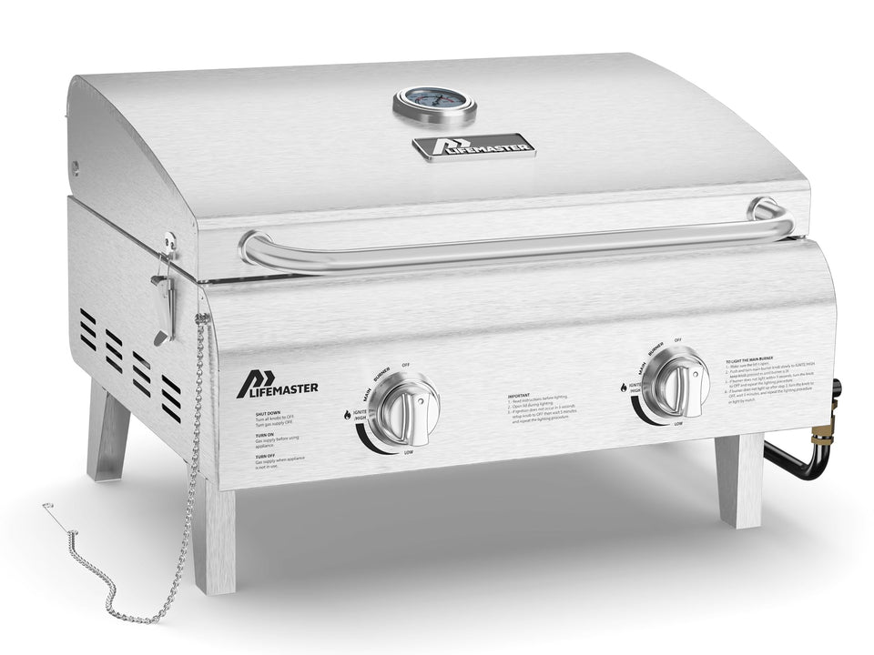 Lifemaster portable grill with built-in lid thermometer for precise heat control.