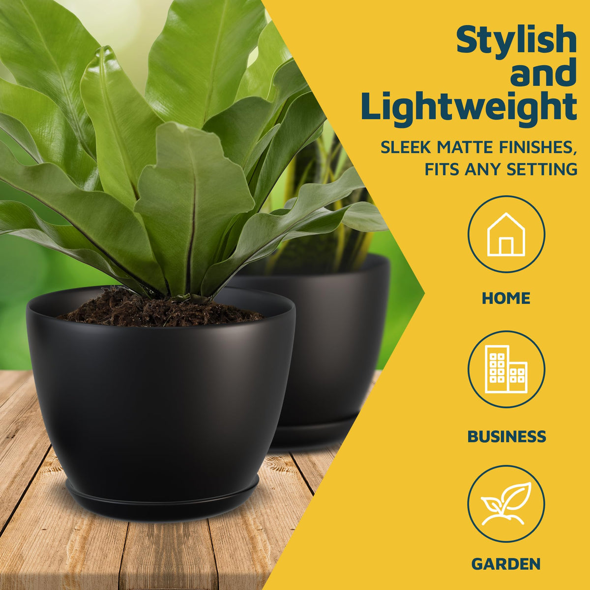 Lifemaster PP plastic black flower pots for durable, stylish display.