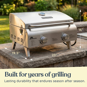Lifemaster table-top grill with folding legs for easy camping setup.