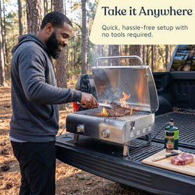 Lifemaster wind-proof lid helps maintain steady temperatures outdoors.