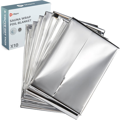 LifePro sauna wrap foil blanket showing full 63x82.5 inch size for full-body heat retention.