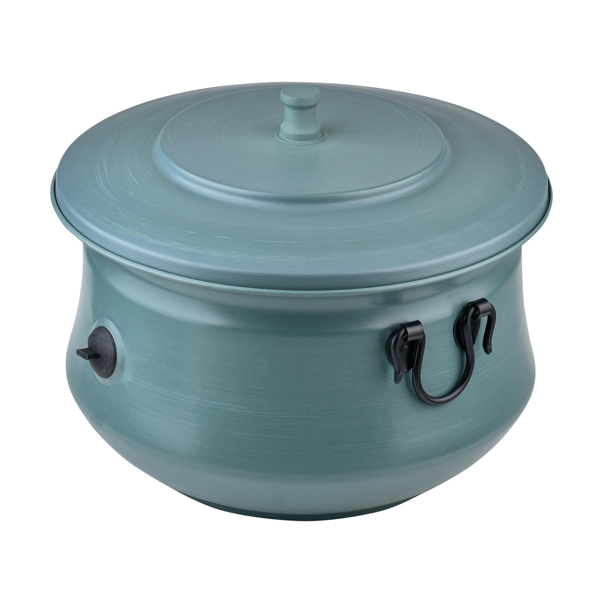 LifeSmart decorative garden hose holder green, lid open, revealing ample interior space.