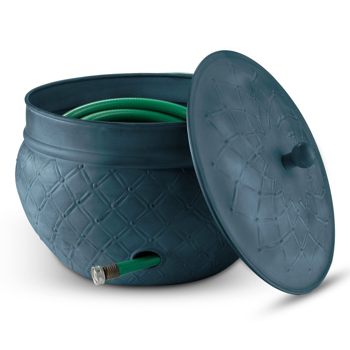 LifeSmart garden hose holder with copper accents and lid for tidy outdoor storage.