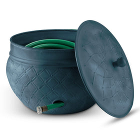 LifeSmart garden hose holder with copper accents and lid for tidy outdoor storage.